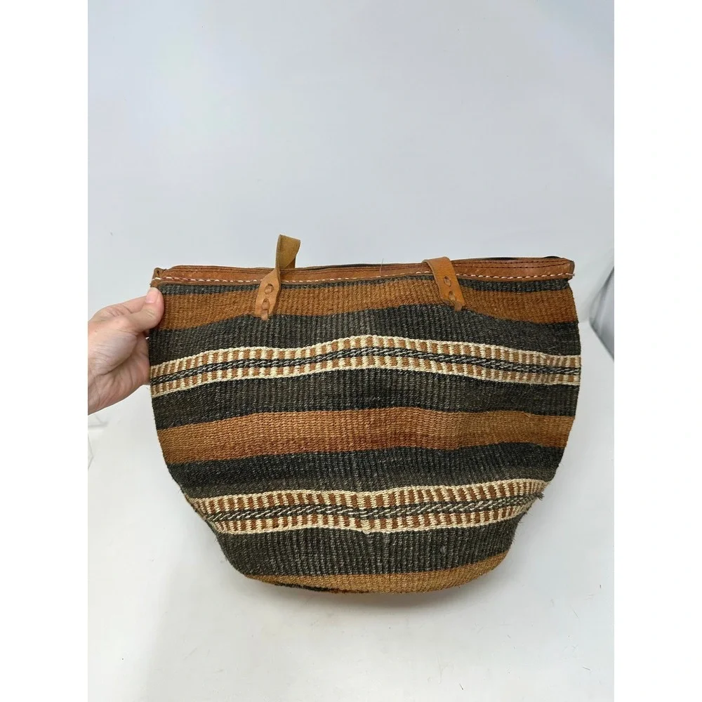 Unbranded Medium Brown Stripes Sisal Jute Basket Bag